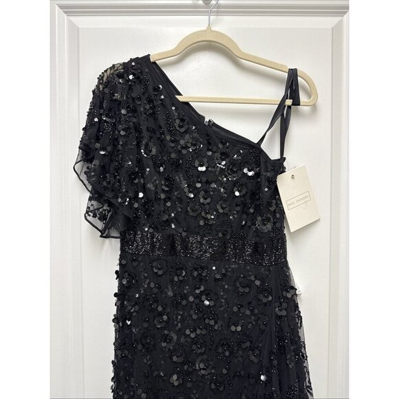 Mac Duggal Size 6 Black 93687 One Shoulder Beaded Asymmetrical Hem Gown Dress - Picture 5 of 10